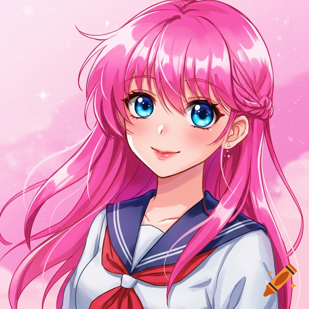 Anime girl with pink hair and blue eyes wearing a sailor uniform
