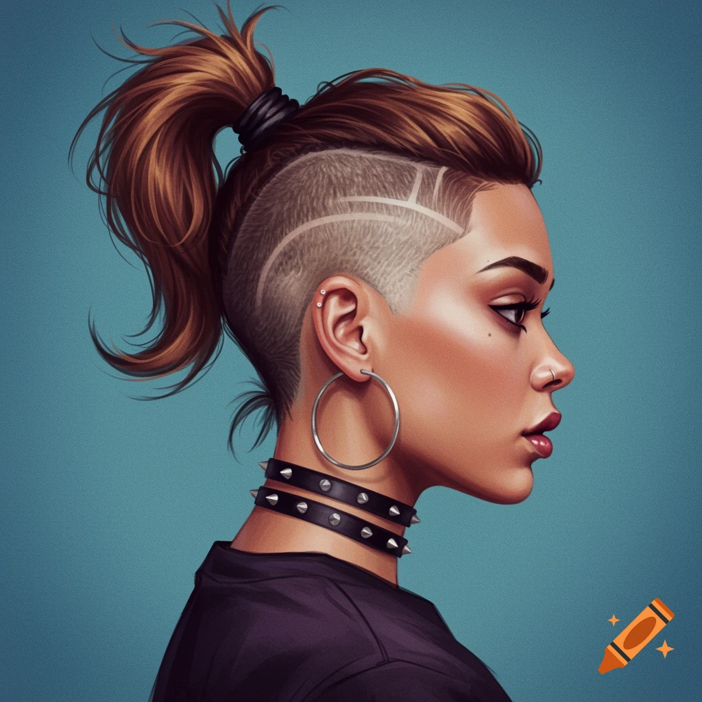 Portrait of a woman with a ponytail, shaved side head with design, hoop earring, and spiked choker.