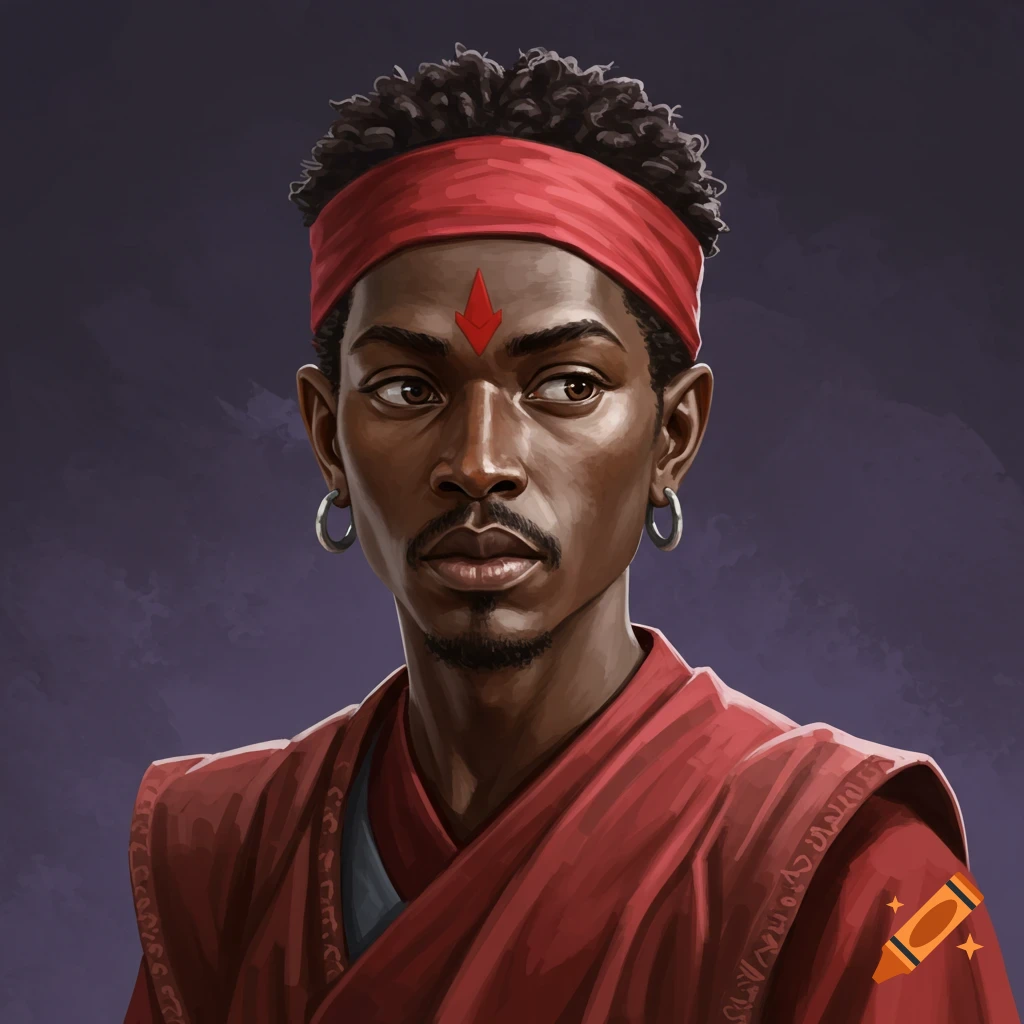 Portrait of a man with a red headband and arrow on his forehead, wearing a red robe.