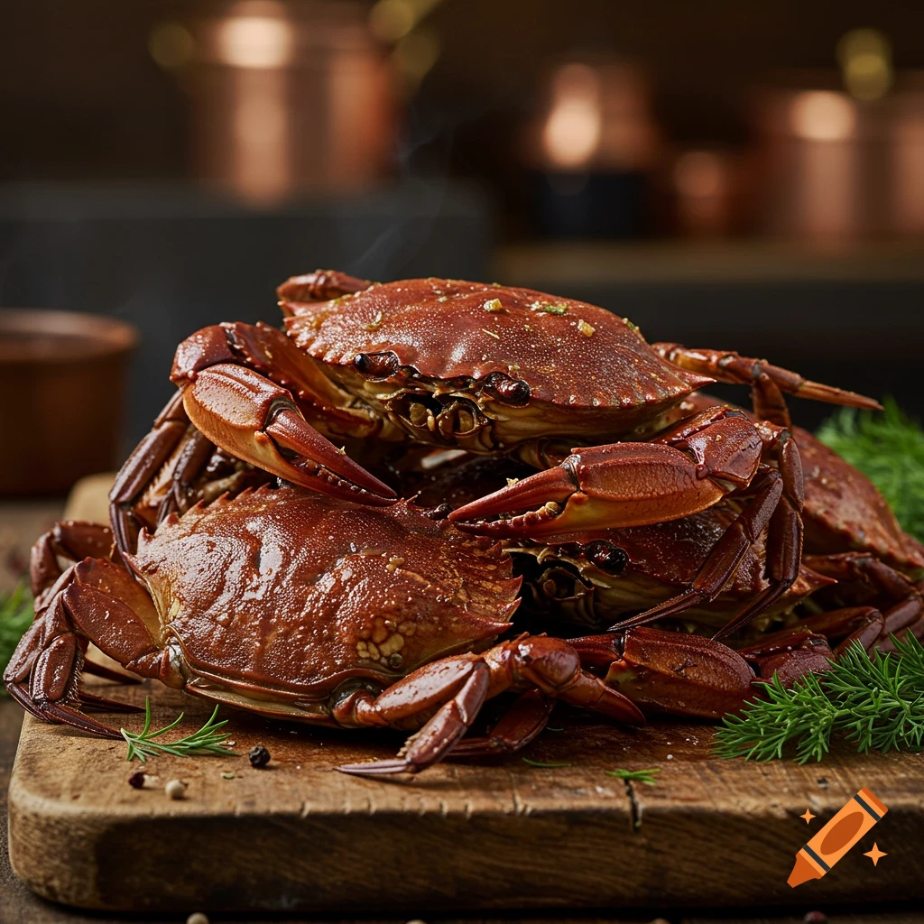 Cooked crabs on a wooden board with herbs