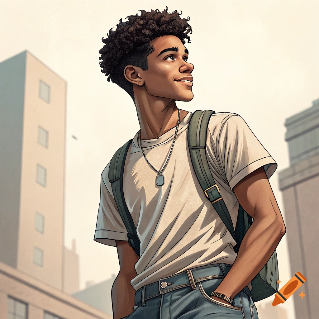 Illustrated portrait of a smiling young man with a backpack looking up, with buildings in the background.