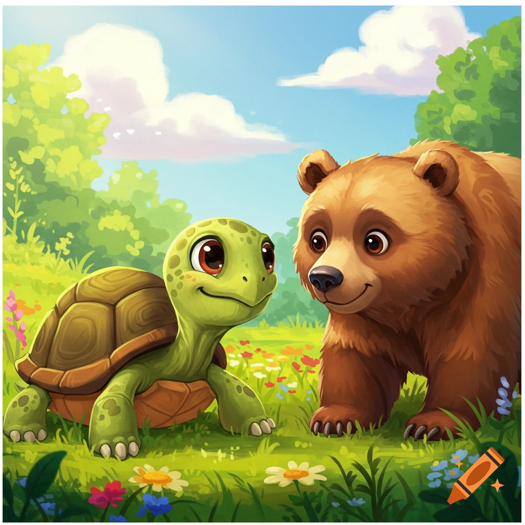A cute cartoon turtle and bear stand in a flowery field.
