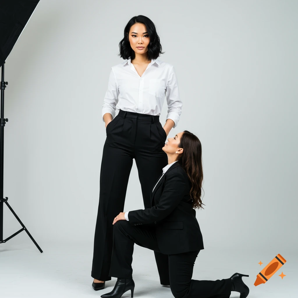 Two women in business attire pose in a studio, one standing and one kneeling.
