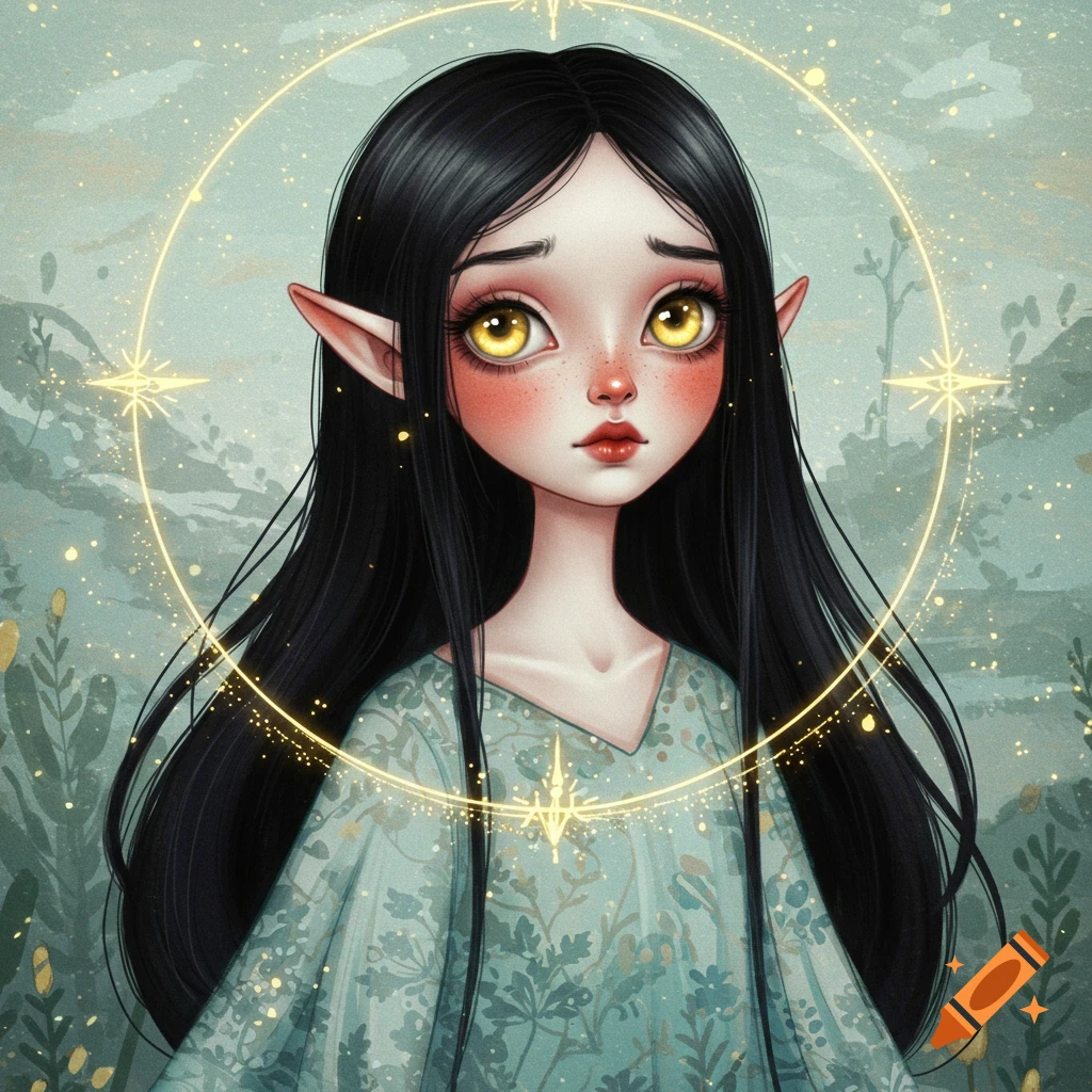 A fantasy girl with yellow eyes, black hair, and pointed ears, surrounded by a glowing magical circle.