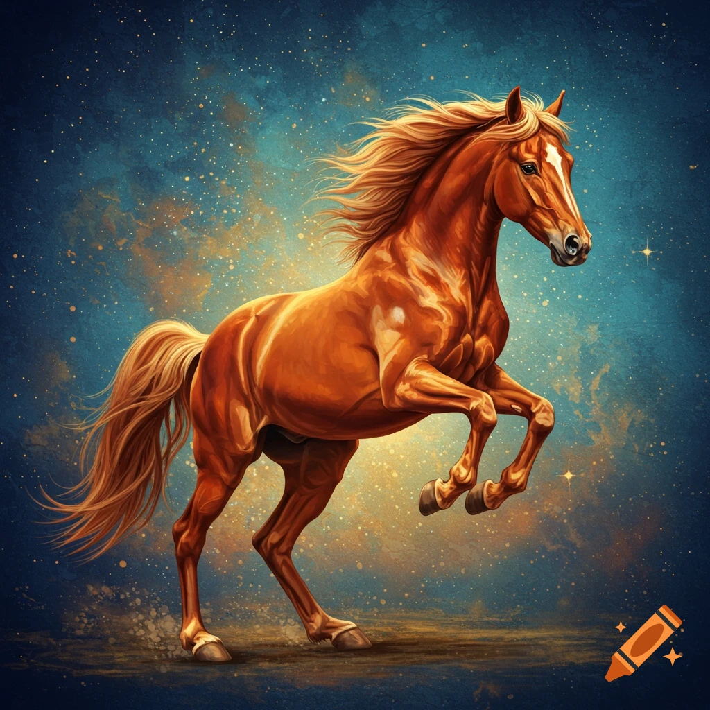 A brown horse rears up on its hind legs against a dark blue starry sky with golden nebulae.