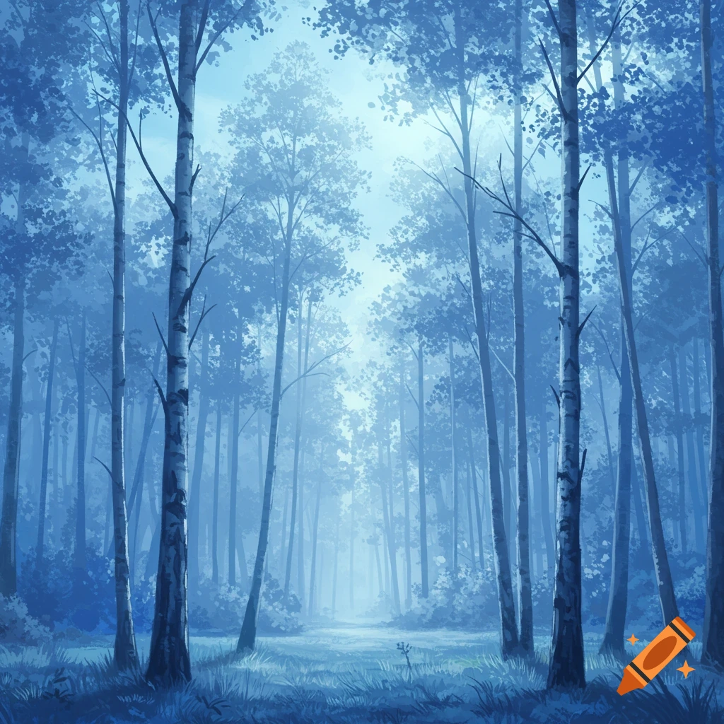 A misty blue forest with tall, slender trees and light filtering through.