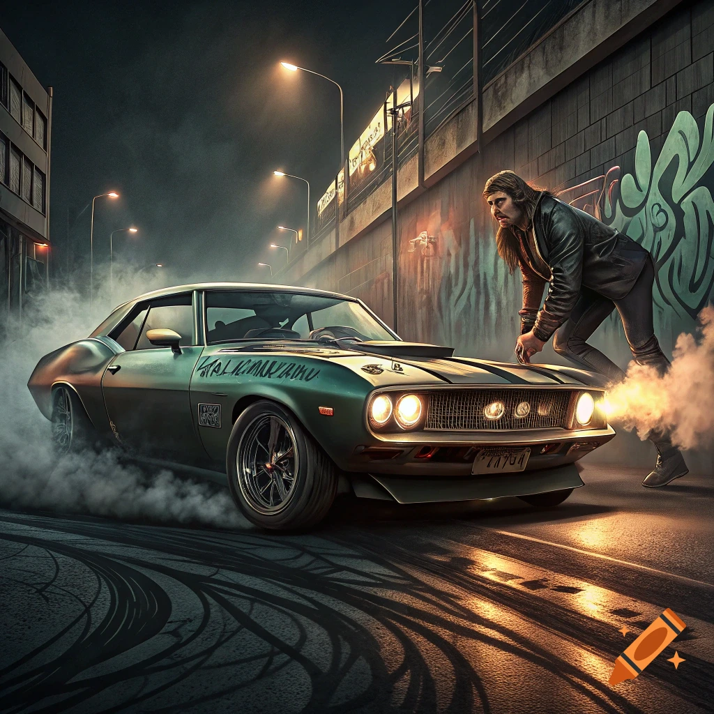 Photorealistic image of a person next to a green classic muscle car doing a burnout on a street at night.