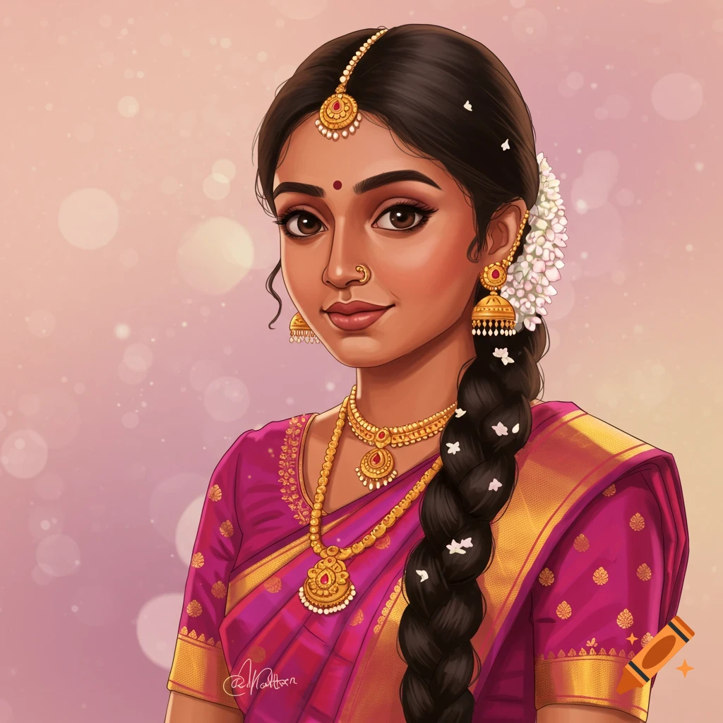 A woman in a pink sari and gold jewelry, with a braided hairstyle.