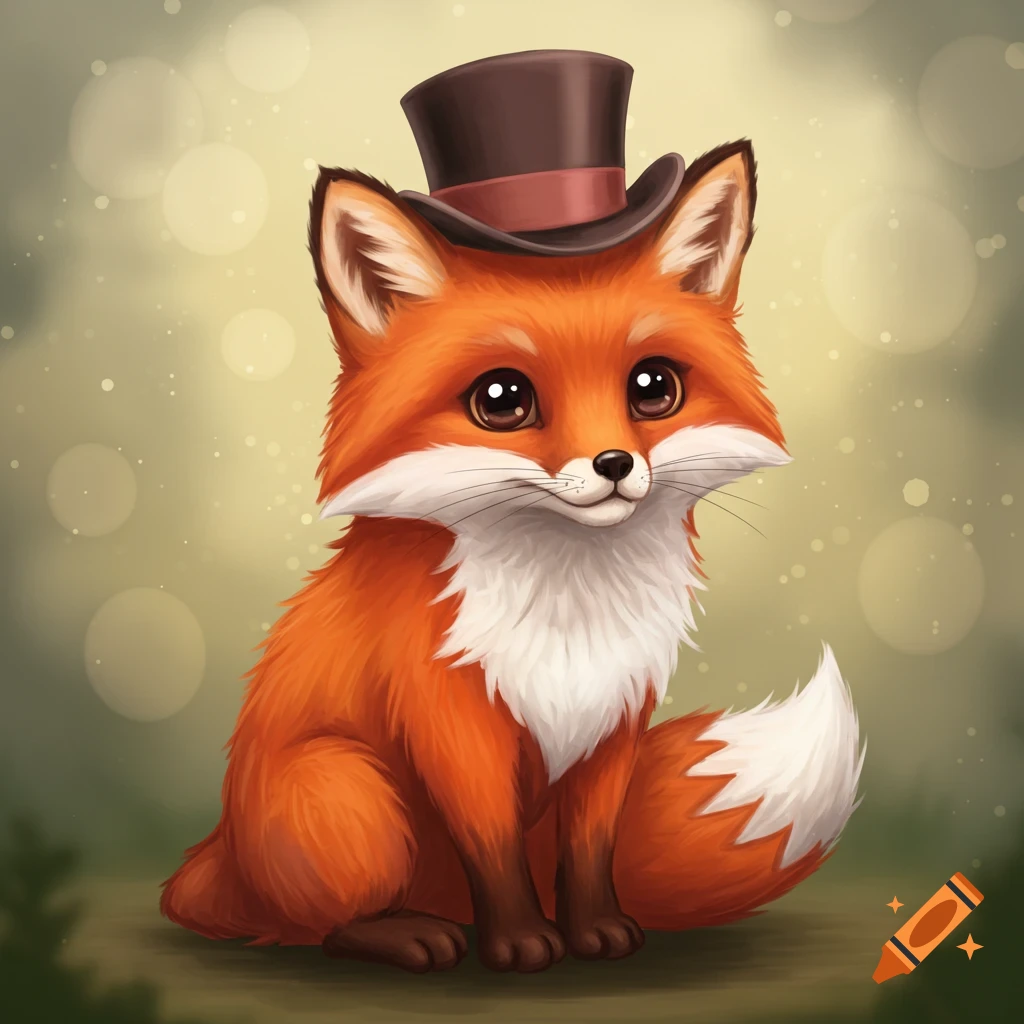 A cute depiction of a red fox wearing a top hat.