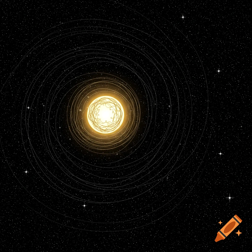 A glowing golden orb with many concentric orbits surrounding it against a starry black background.