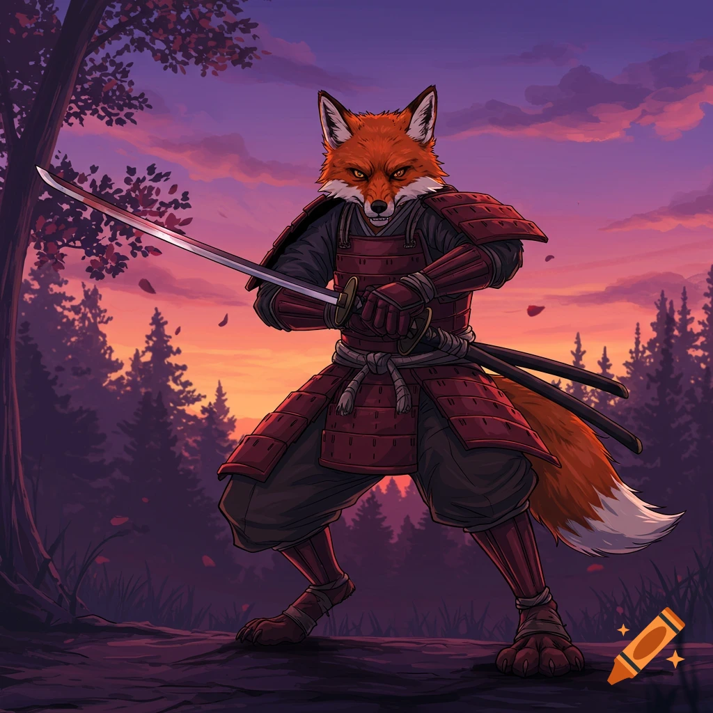 Anime style illustration of a samurai fox in armor holding a katana in a forest at sunset.