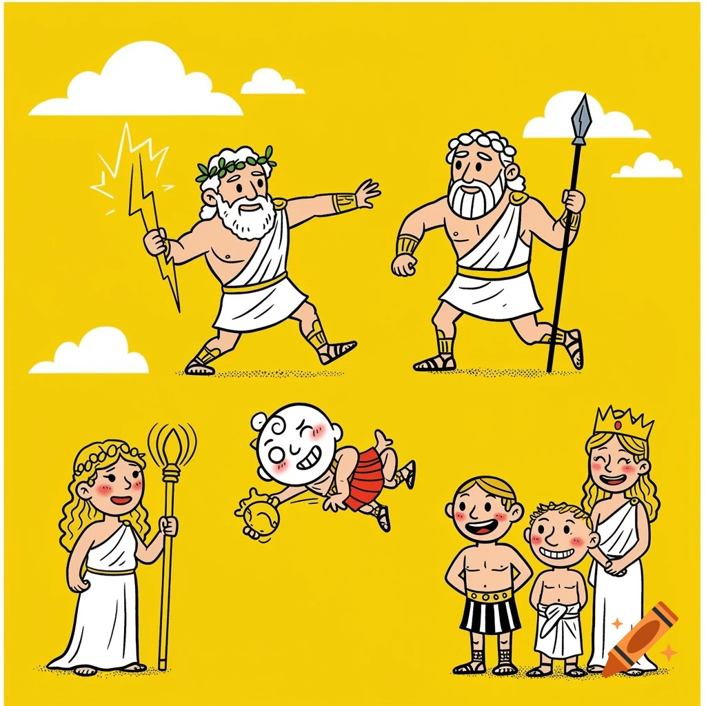 Cartoon Greek gods including Zeus, Ares, Aphrodite, Hera, and Hephaestus on a yellow background with clouds.