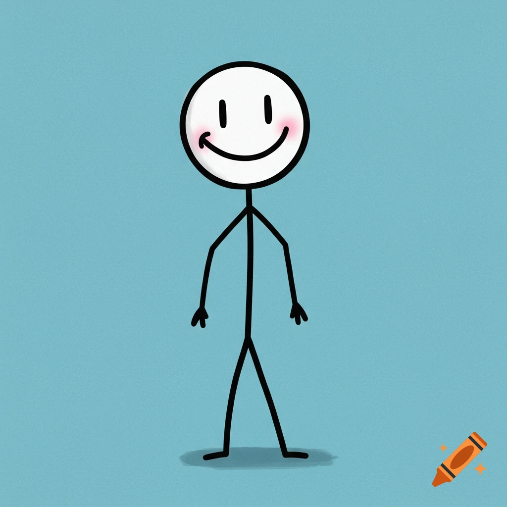 A digital illustration of a stick figure smiling on a blue background.