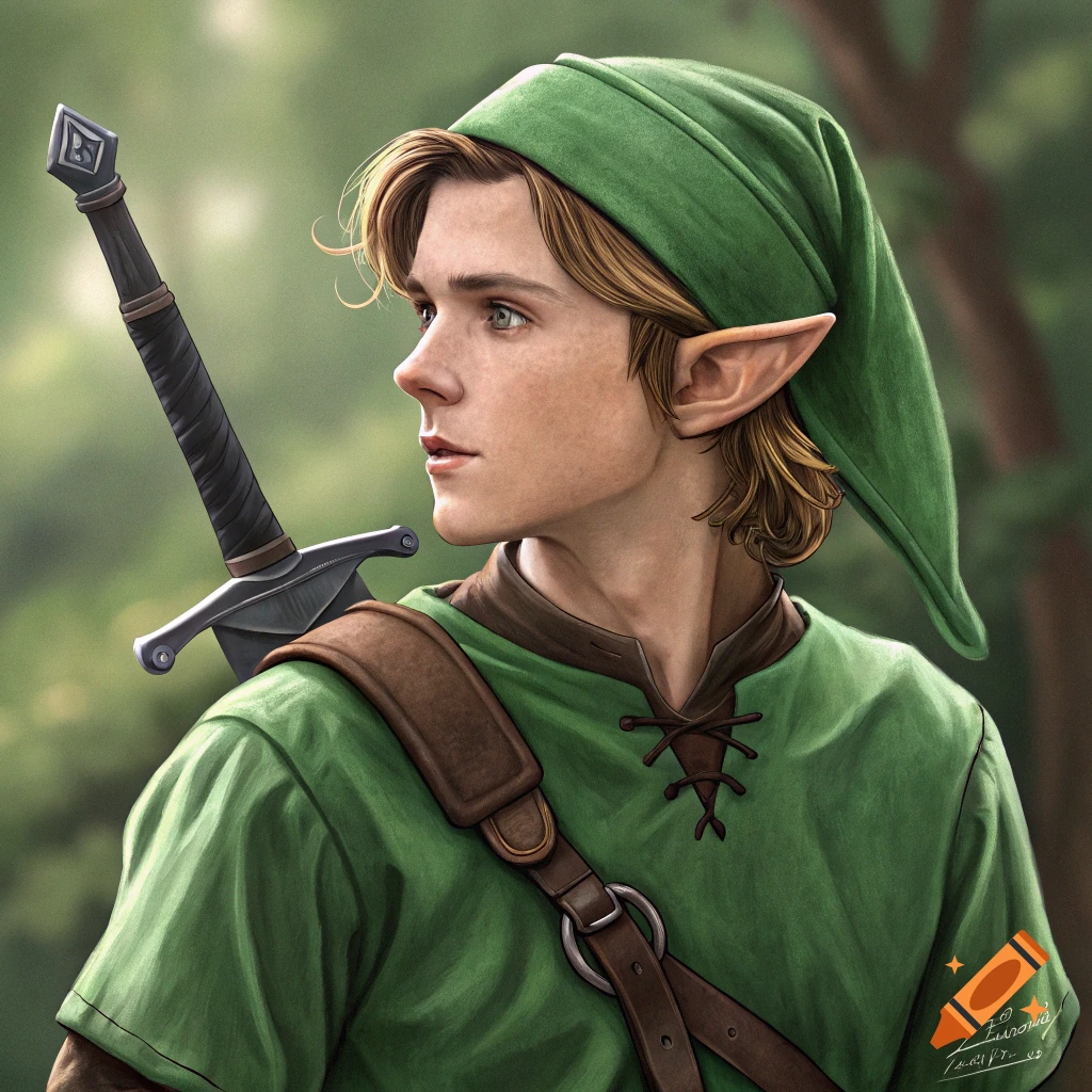 Realistic portrait of a young man resembling Link from Zelda in a green tunic and hat, with elf ears and sword.