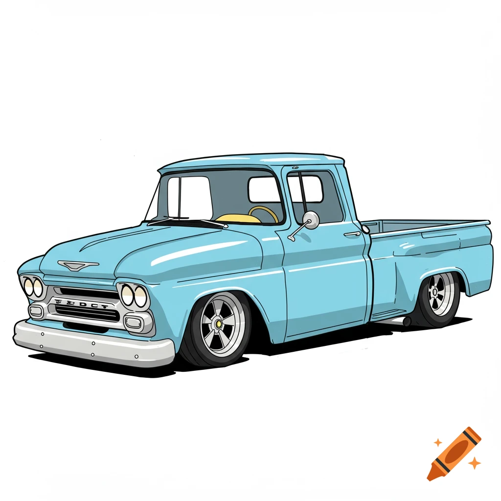 Graphic outline illustration of a light blue retro pickup truck.