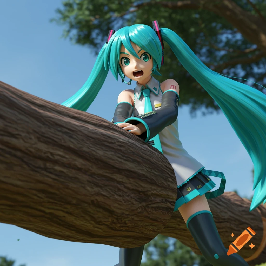 Anime character Hatsune Miku climbing on a large tree branch outdoors in a park, rendered in 3D.