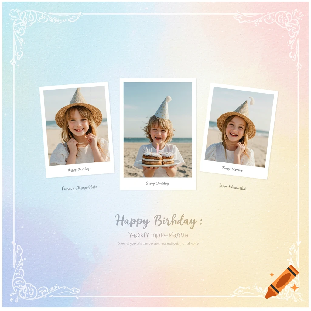 Birthday card layout with three photos of children and decorative border.