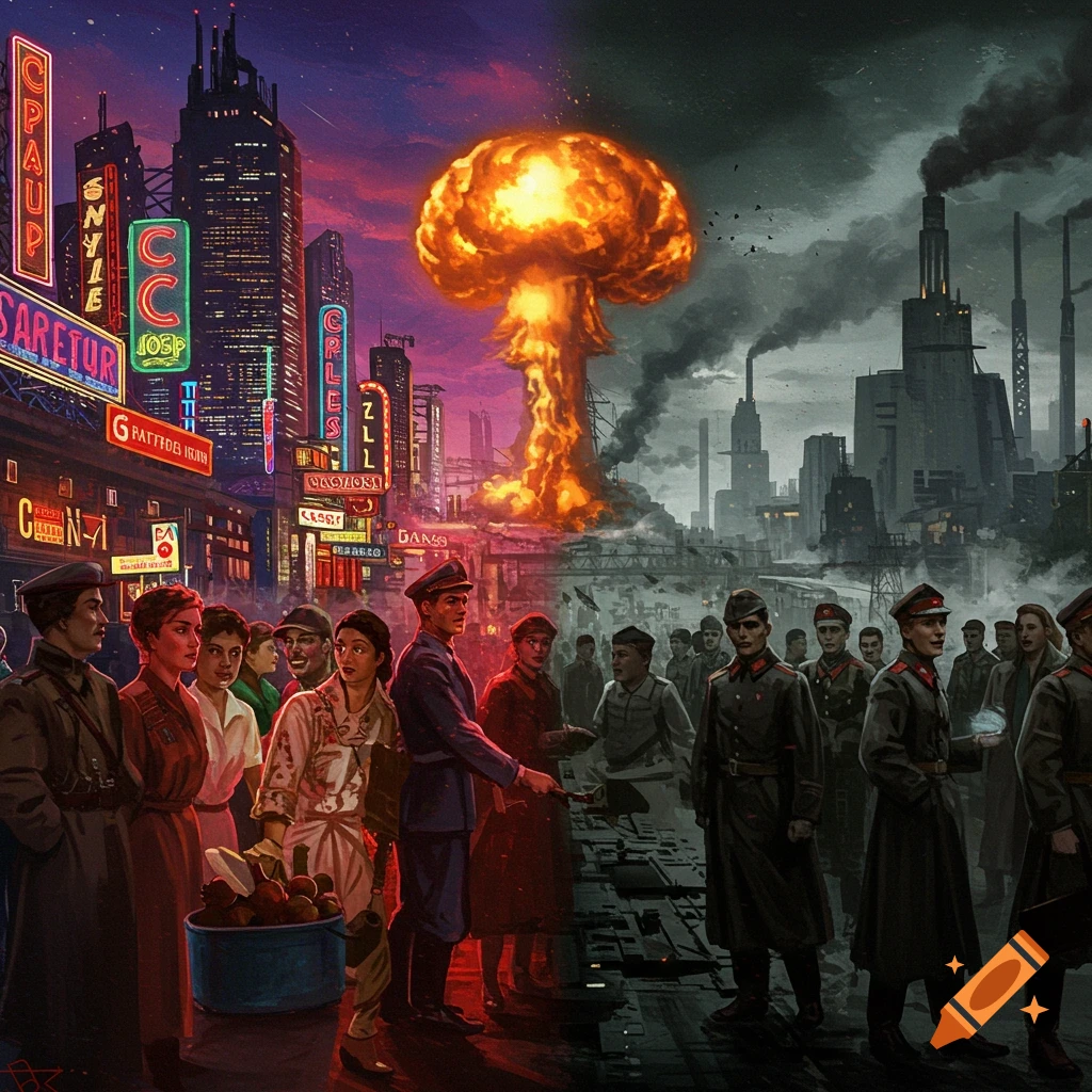 A split scene depicts a vibrant city with a mushroom cloud and civilians on one side, contrasting with a grey industrial city featuring soldiers on the other.
