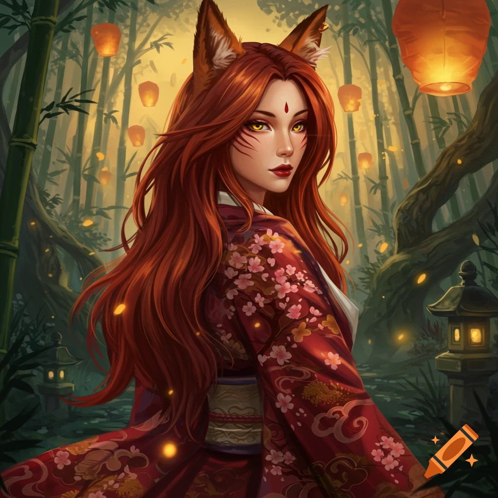 A fox spirit woman is depicted in a bamboo forest with lanterns.