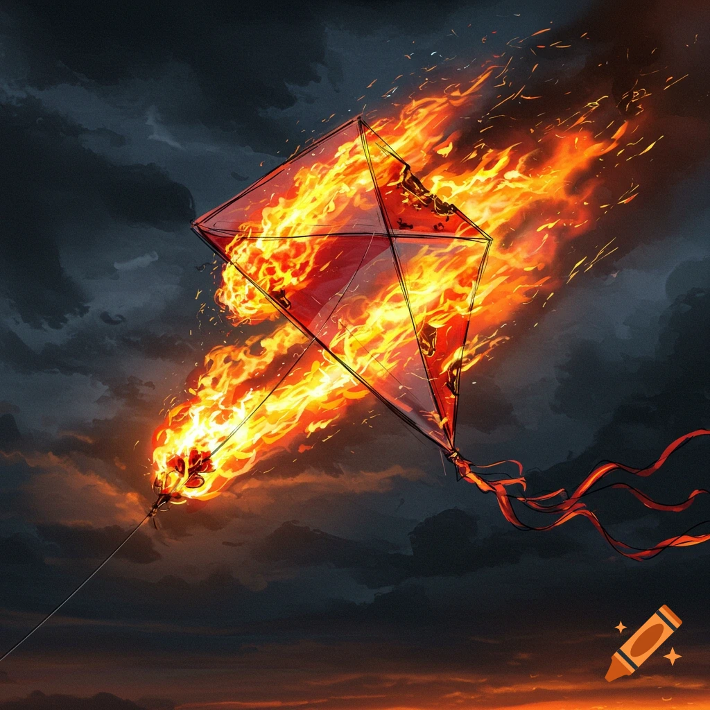 A kite engulfed in flames flies against a dark, stormy sky.
