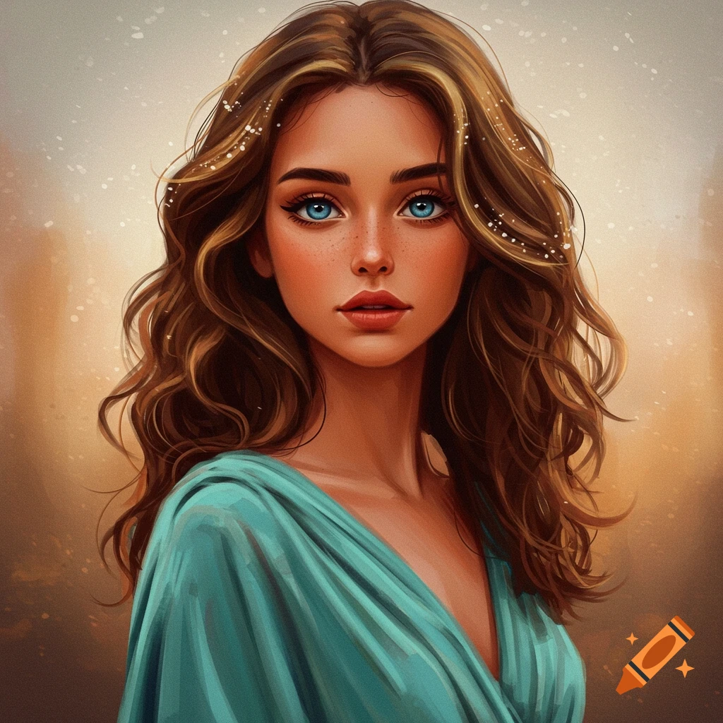 A portrait of a young woman with long brown hair, blue eyes, and a blue-green dress.