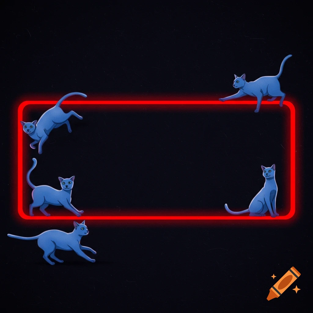 Blue cats are arranged around a red neon rectangle border on a dark background.