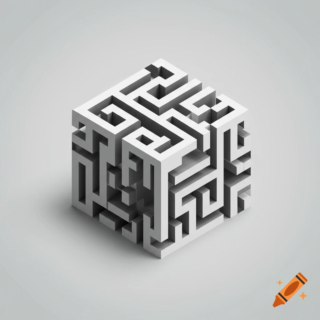 Isometric 3D white cube with dark maze patterns on a gray background