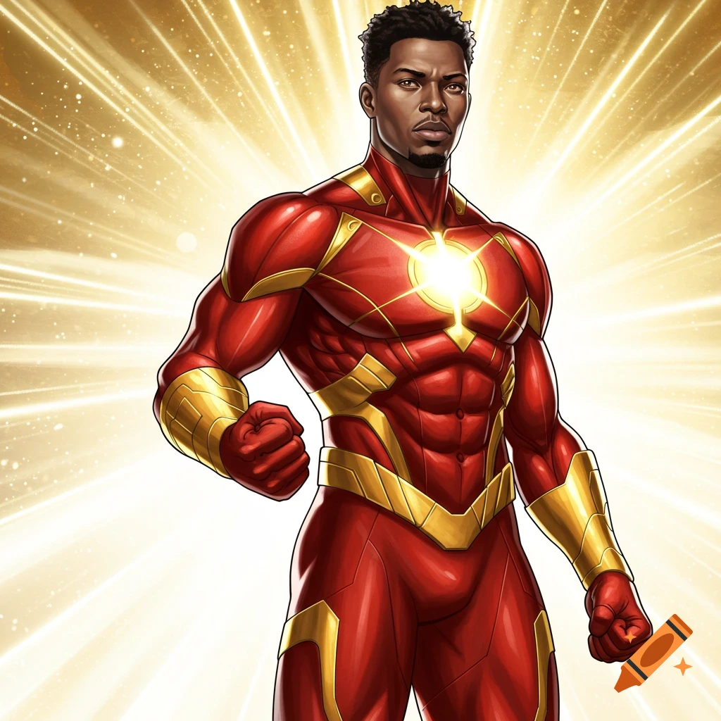A superhero in a red and gold suit with a glowing chest symbol.