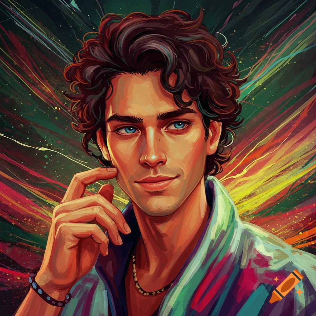 Portrait of a man with curly hair and blue eyes against a colorful background