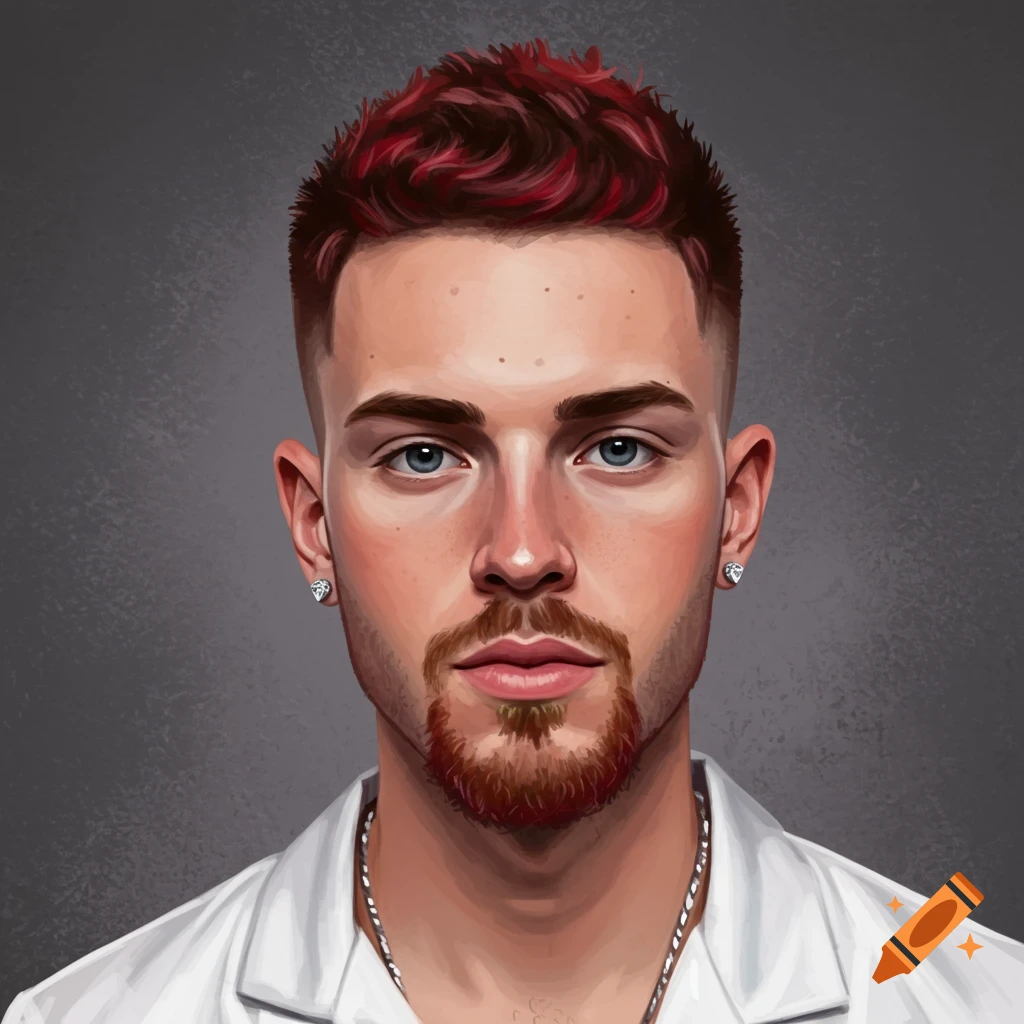 A man with red hair and a beard is wearing earrings and a chain.