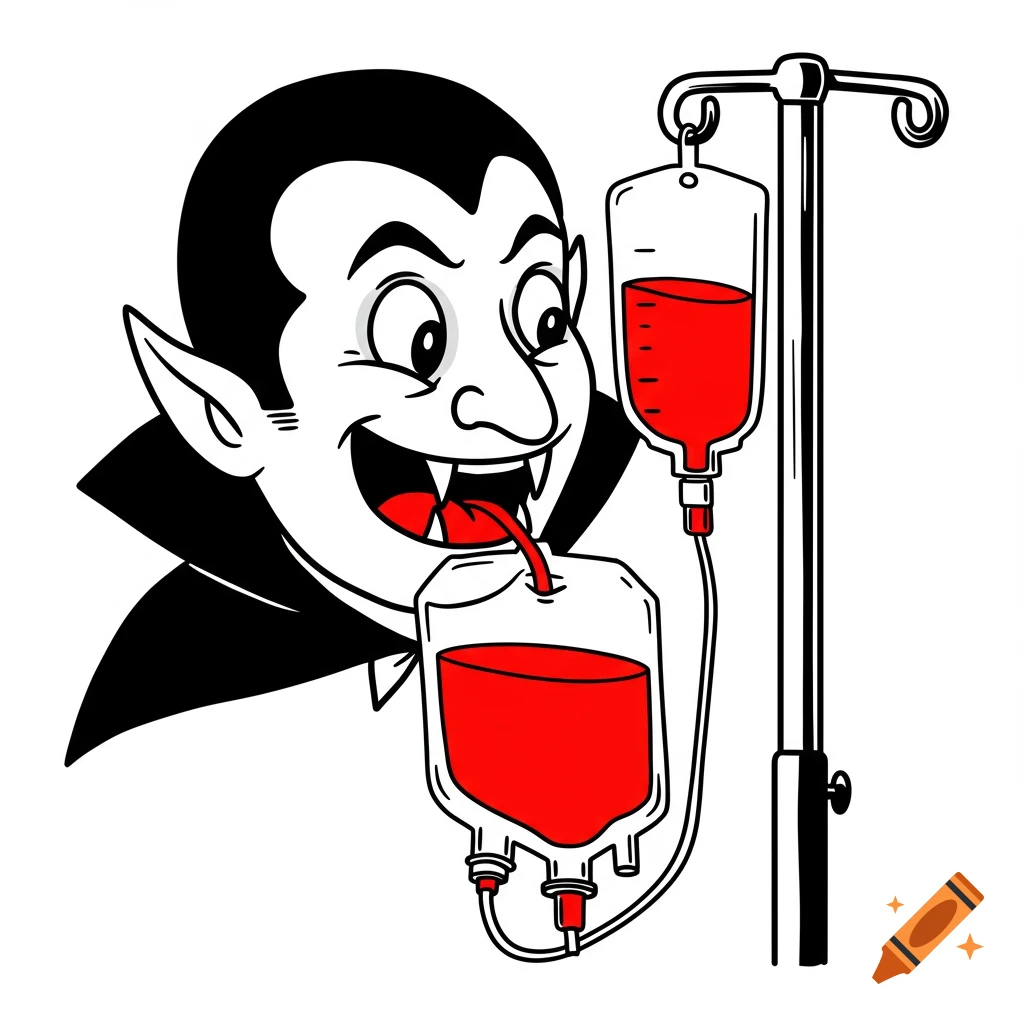 Cartoon illustration of a vampire drinking from IV bags