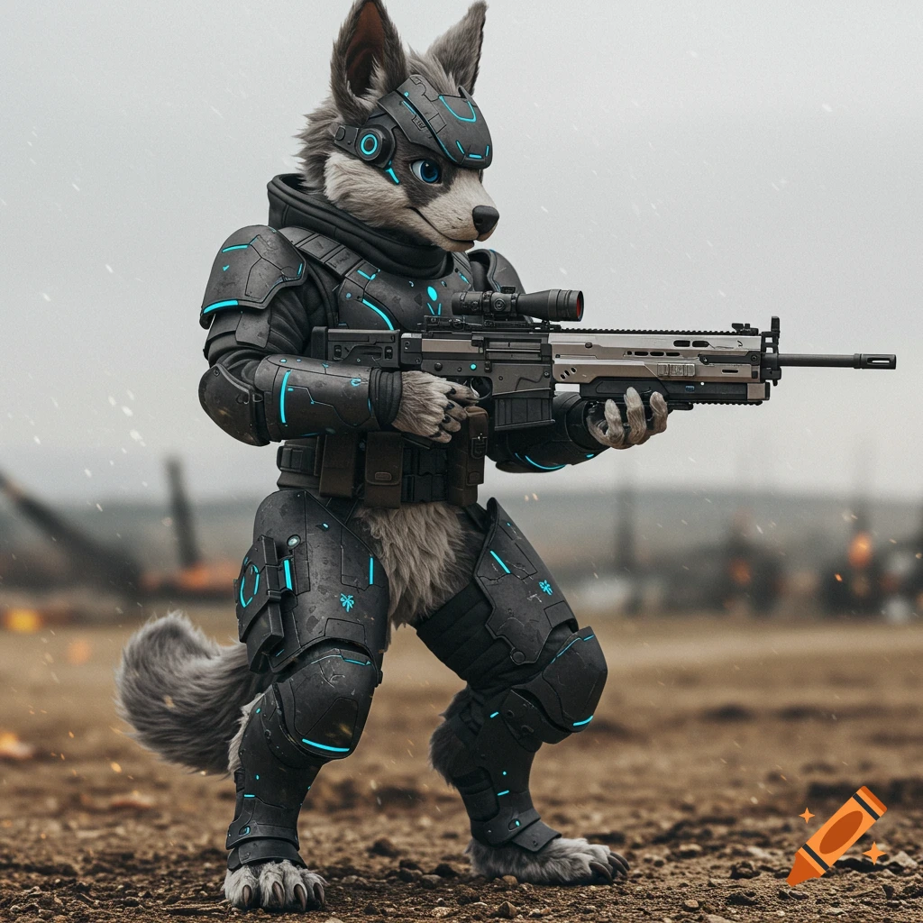 A furry character resembling a wolf in futuristic military armor holds a rifle in a desolate, rocky landscape.