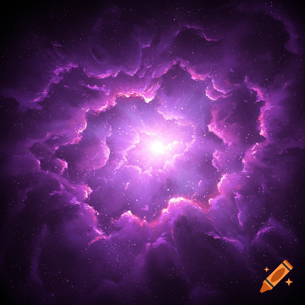 A purple nebula with a bright light center and stars.