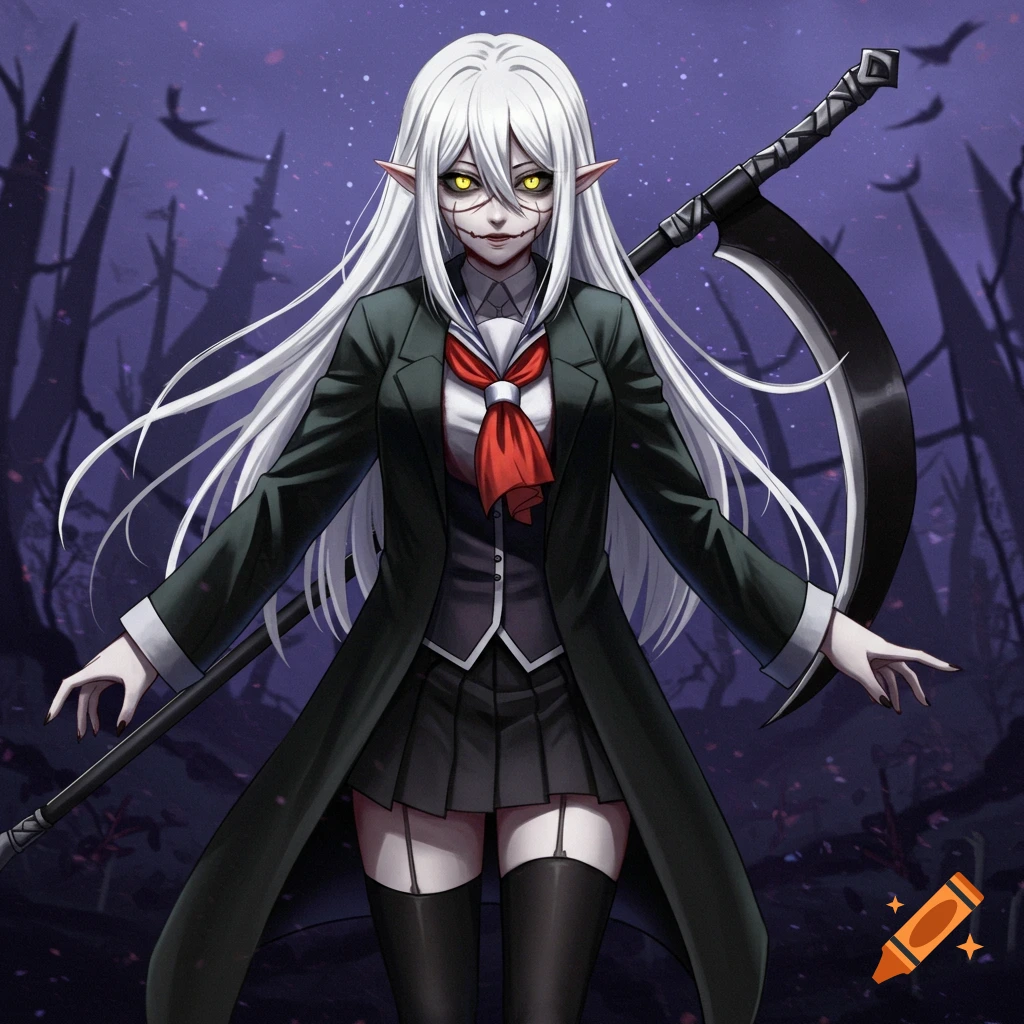 Anime-style female character with white hair and yellow eyes, wearing a coat and skirt, holding a scythe in a dark forest.