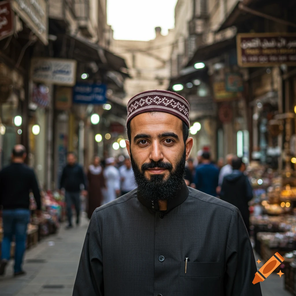 Photorealistic portrait of a bearded man wearing a cap in a busy marketplace
