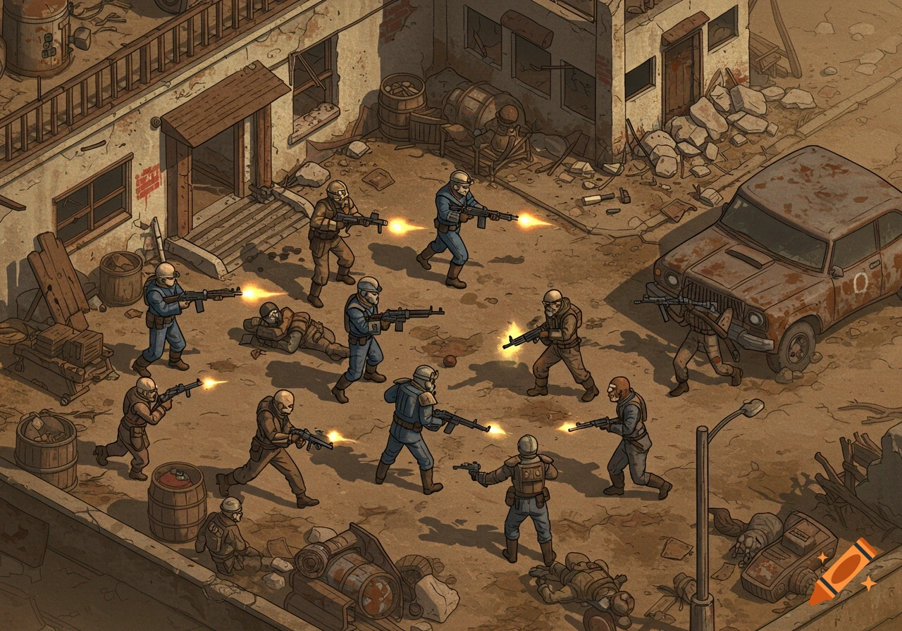 Top-down illustration of soldiers fighting in a ruined post-apocalyptic city street.