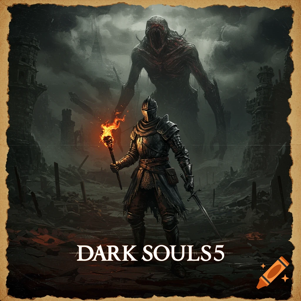 A knight with a torch faces a giant monster in a ruined landscape with text "DARK SOULS5"