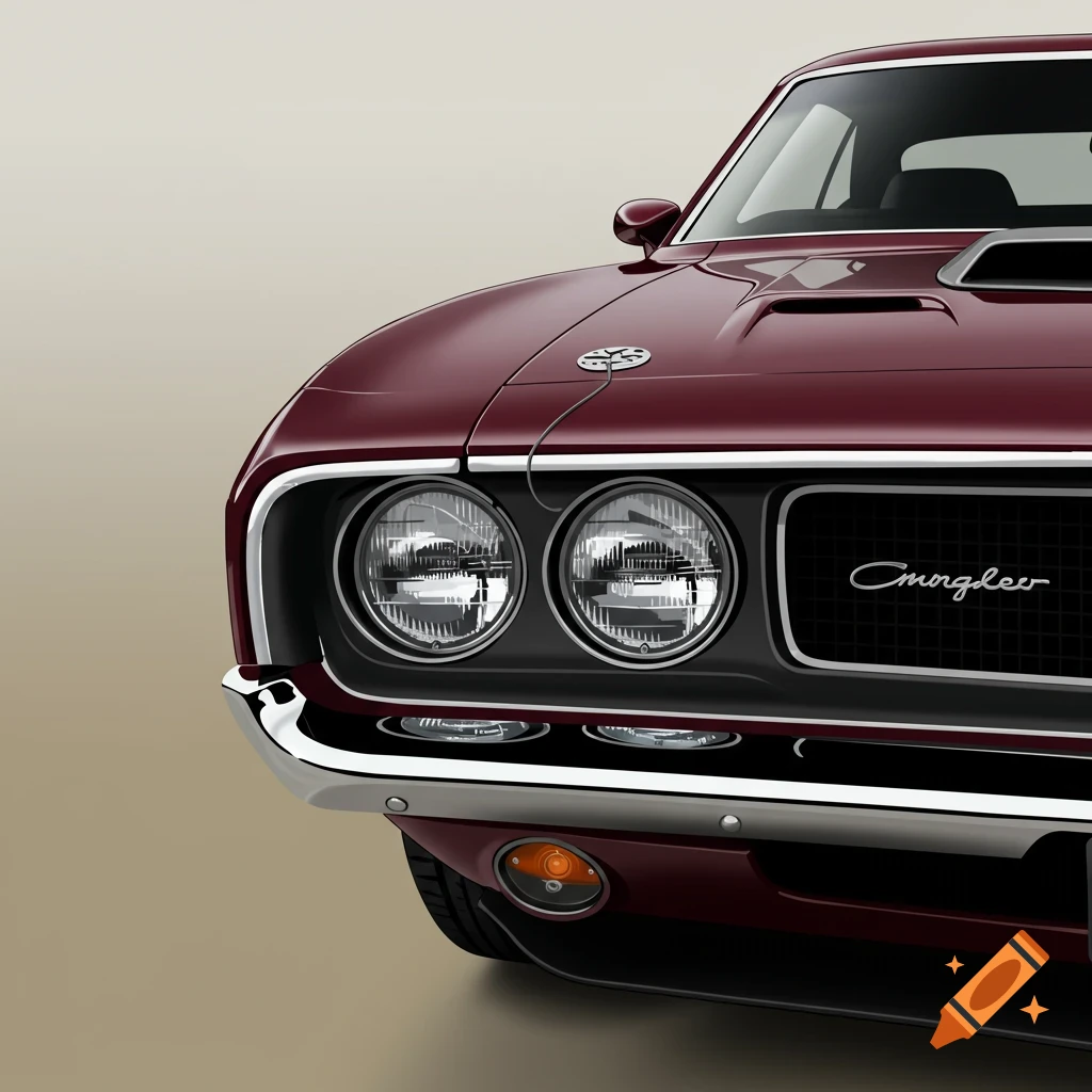 The front of a red muscle car.