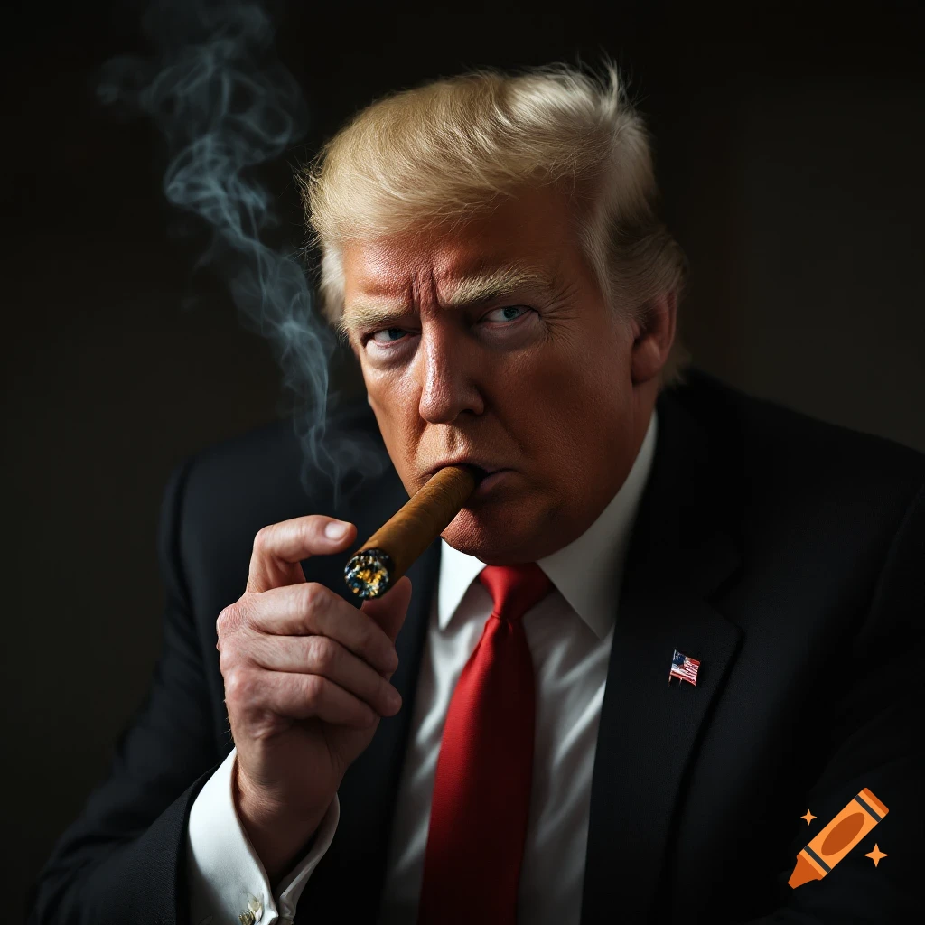 Photorealistic portrait of Donald Trump smoking a cigar, with smoke rising.