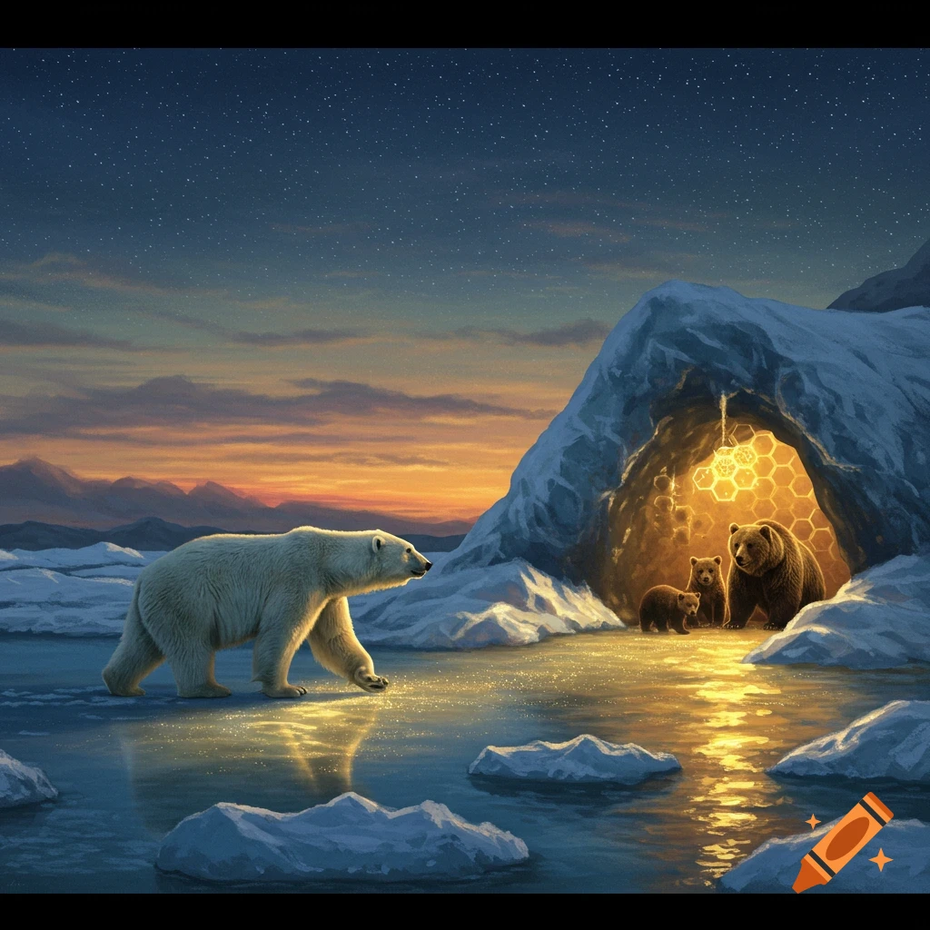 A polar bear on ice approaching a cave with brown bears inside at twilight.
