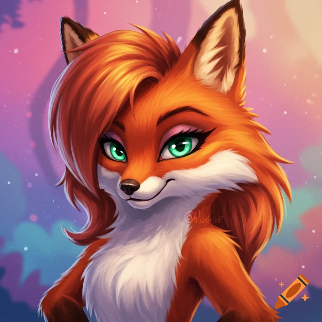 A cute sassy female fox character with green eyes.
