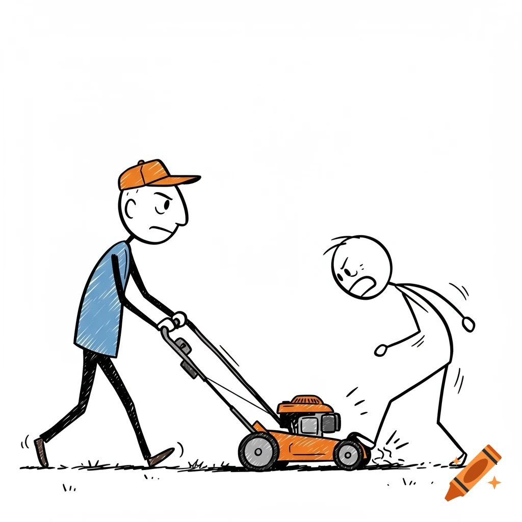 Stick figure drawing of a man running over another man's foot with a lawn mower.