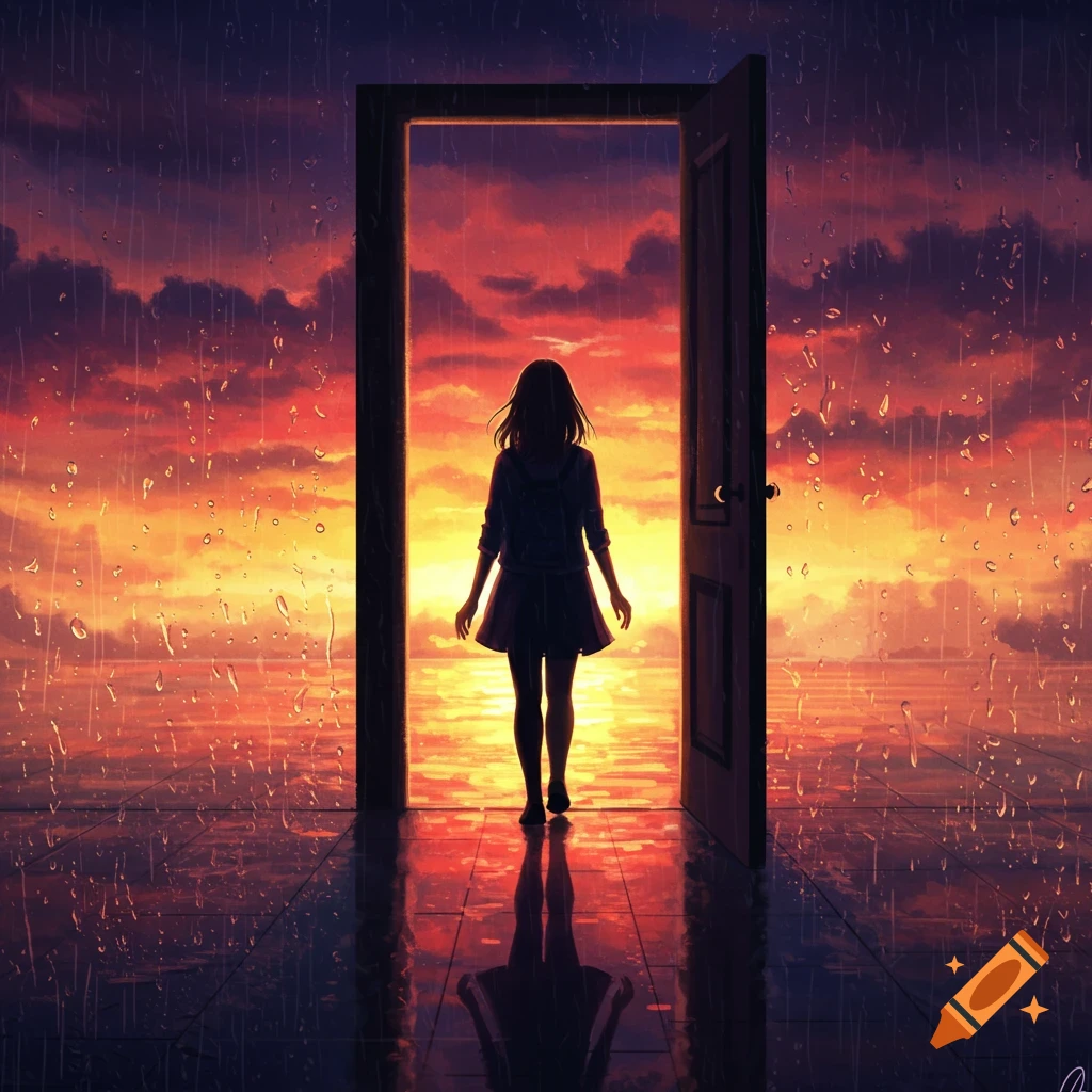 A person standing in an open doorway looking out at a vibrant sunset over the ocean, with rain on the near side.
