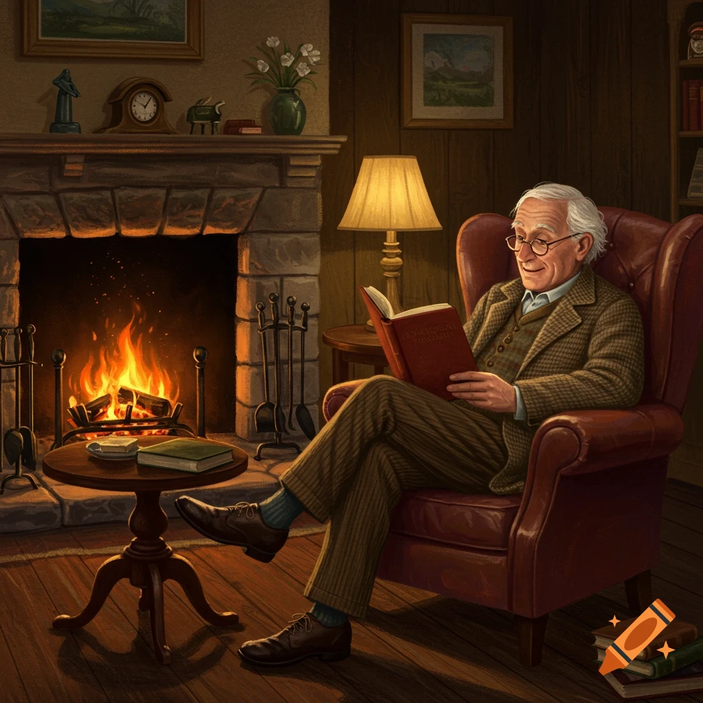 An old man reads a book in an armchair by a fireplace.