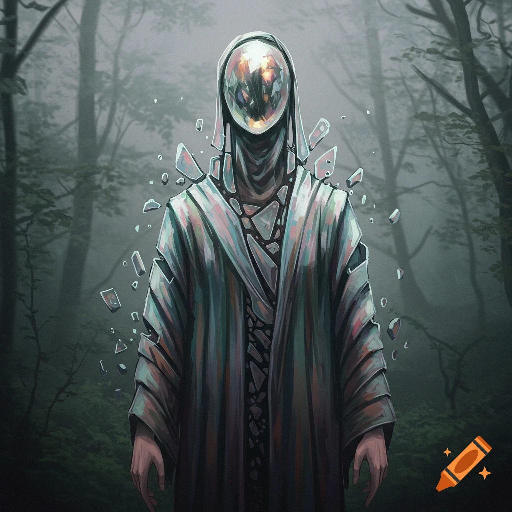 A mysterious cloaked figure with a reflective face is standing in a misty forest.