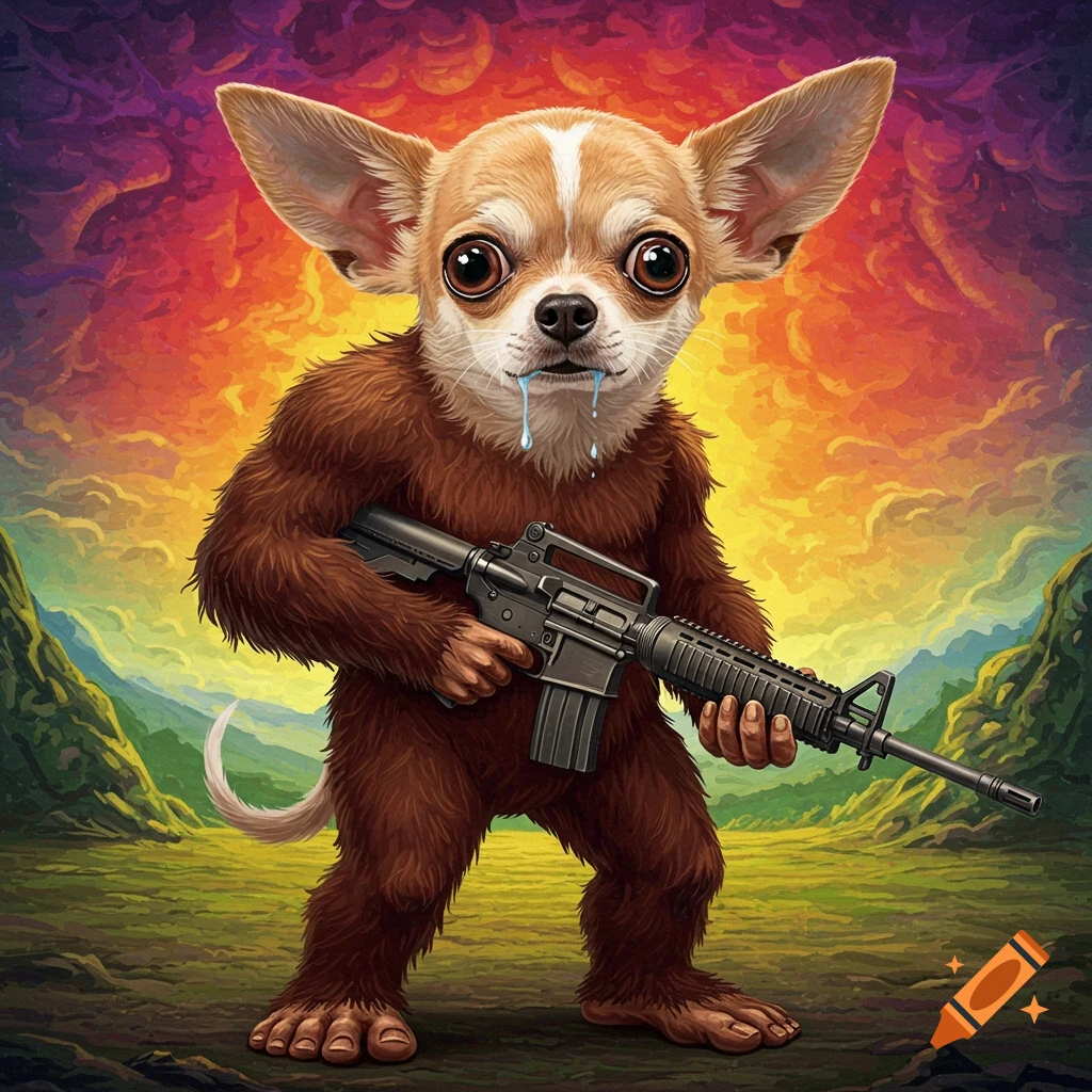 An image of a chihuahua-bigfoot hybrid holding a rifle in a landscape at sunset.