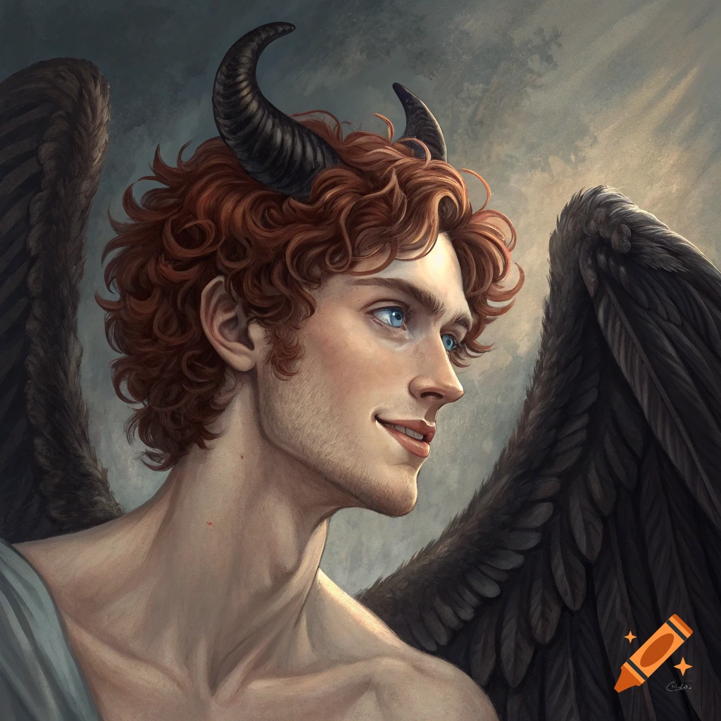 Portrait of a person with curly red hair, blue eyes, black horns, and black wings in a painterly style.