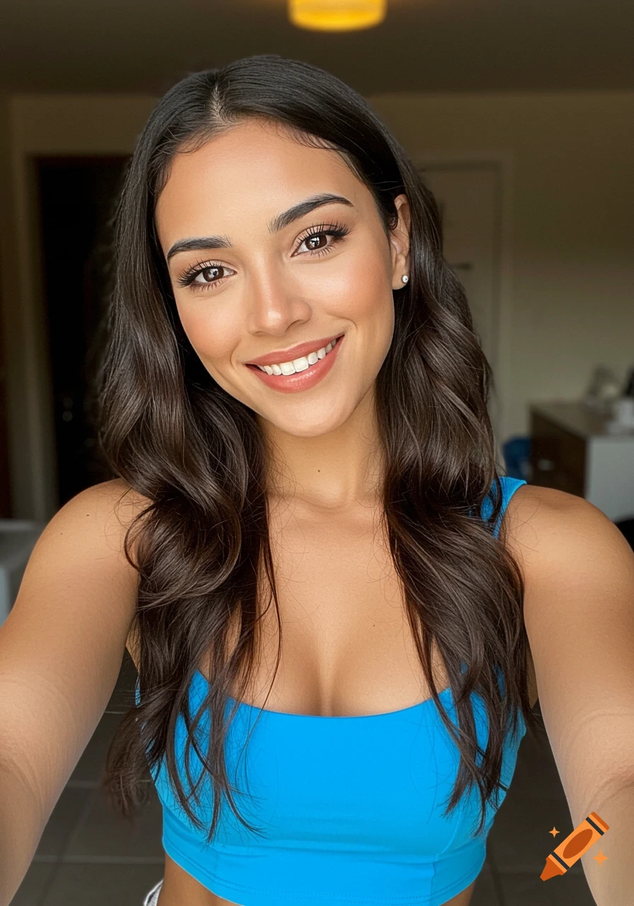 A close-up selfie of a beautiful woman smiling in a blue crop top.