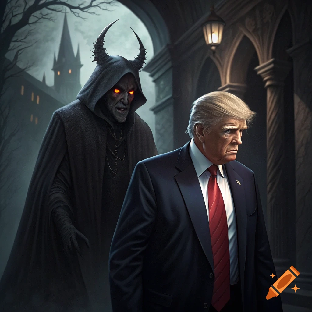Donald Trump stands in a dark gothic setting with a hooded, horned demon figure behind him.