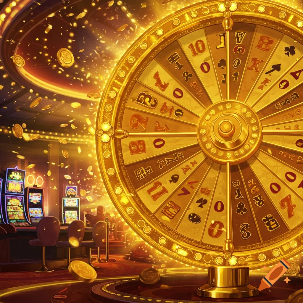 A giant golden gambling wheel in a casino with slot machines and falling coins.